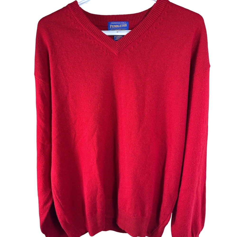 Pendleton Mens Red 100% Lambswool V-Neck Sweater Size Large Vintage Knit